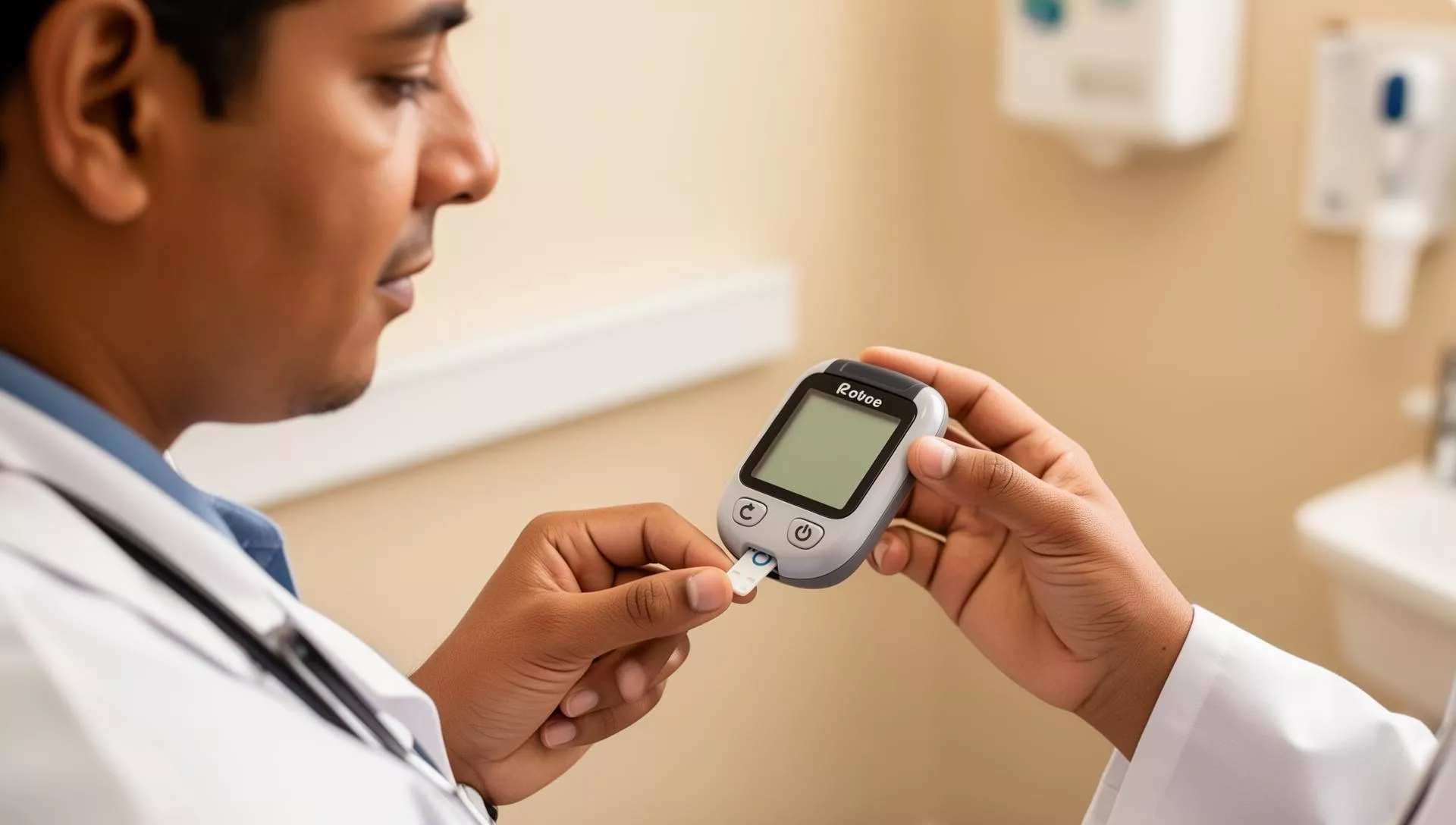 Médico revisando glucómetro con paciente